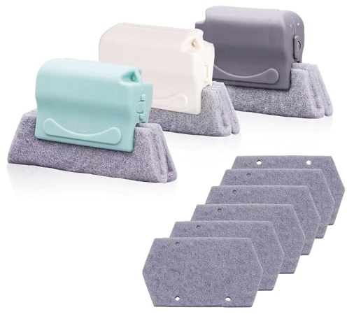 3 Spazzole di Pulizia Scanalate e 6 Tamponi di Ricambio, Spazzole di Pulizia per Pulire Tutti gli angoli di Porte e Finestre, Grigio, Verde, Bianco Sporco