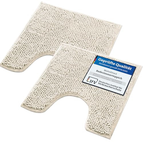WohnDirect Badmattor set i 2 delar – gräddvit 45 x 45 cm med WC-urtag – halkfri och tvättbar – badrumsmatta, toalettmatta