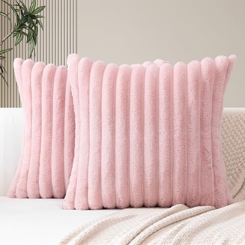 JOTOM 2er Set Doppelseitige Kunstpelz Plüsch Kissenbezüge, Dekorative Weich Kissenbezug Moderne Kissenhülle Sofakissen Zierkissenbezug für Wohnzimmer Schlafzimmer Deko (45x45cm, Rosa)