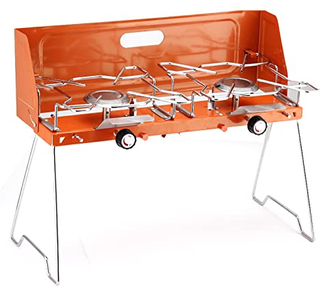 UPQRSG Doppelbrenner Gasherd, Tragbarer Gas Campingkocher, Outdoor Gasherd mitKlappbaren Beinen, Camping Picknickkocher Aus Aluminiumlegierung Zum Kochen Im Freien(Orange)