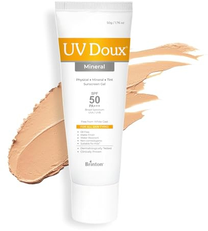 UV Doux Mineral Sunscreen SPF 50 PA+++ | Tinted, Oil-Free, Water Resistant | No White Cast | Zinc & Iron Oxide | For Sensitive & Acne-Prone Skin | Broad Spectrum, 100% Mineral | 50g/1.76oz
