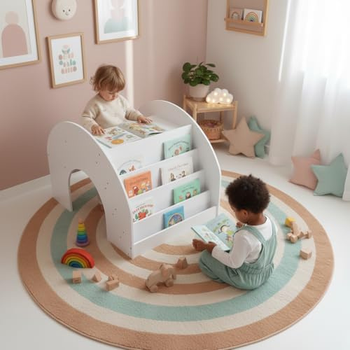 Bellabino 'Vily' 2in1 Kinderbücherregal und Schreibtisch, Montessori Regal für Kinder mit 4 Ablagefächern in weiß lackiert, Spielzeug Aufbewahrung mit Lernfläche aus Birke Sperrholz