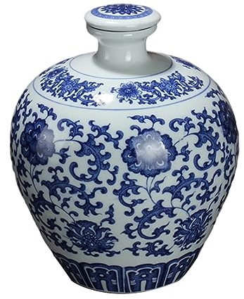 GOOHOCHY Jarra De Vino Cerámica Azul y Blanca De 5 Jin Tapa Plana, Botella De Sake Artesanal, Recipiente para Licor Tradicional Chino, Adecuado para Reuniones y Decoración del Hogar