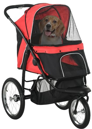 PawHut 3 Wheels Pet Stroller for Small and Medium Dogs, Foldable Cat Stroller Jogger with Adjustable Canopy, Safety Tether, Cushion, Storage Basket, Red