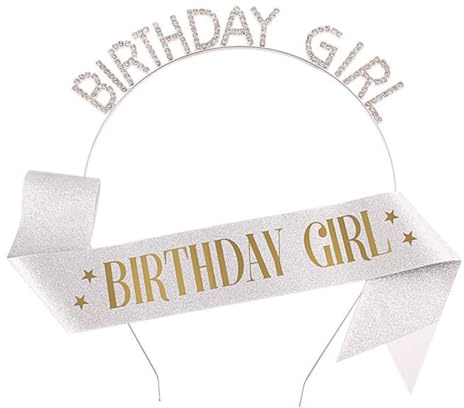 Birthday Crown Belts, Pack of 2, Birthday Girl Sash & Birthday Tiara Set, Birthday Decoration, Satin Tiara, Rhinestone Girl Headband, Birthday Crowns for Women, Birthday Wreath, Any Age (Sliver)