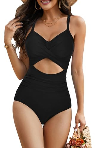 PONCEAU Damen Badeanzug V Ausschnitt Bauchweg Raffungen Zierausschnitten Badeanzüge Sexy Push up Shape Swimsuits mit Bügel Einteilige Bademode Monokini Strandmode