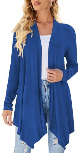 Cardigan da donna drappeggiato aperto sul davanti casual a maniche lunghe leggero cardigan maglioni spolverino, Blu, XX-Large