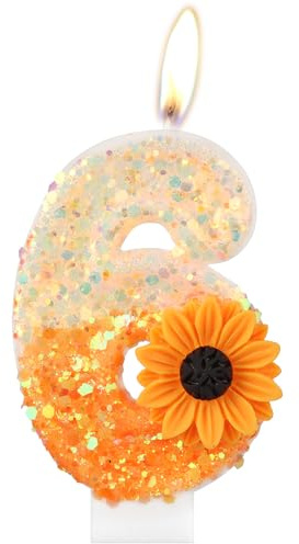 Candele per compleanno a forma di margherita a numero 6 arancione per torta di compleanno, candela per compleanno con glitter per il 6° compleanno, festa prenatale