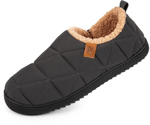 FamilyFairy Men's Warm Quilted Memory Foam Slippers Non-Slip House Shoes with Elastic Gores for Indoor Outdoor Grey 10