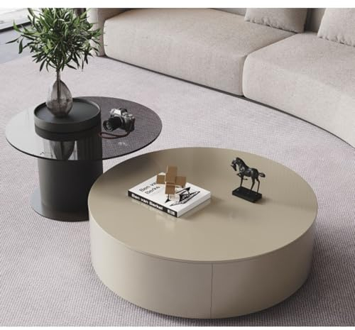 Mesa De Centro Redonda De Nogal Macizo Con Mesa Auxiliar Funky Y Tablero De Vidrio Templado, Juego De 2 Mesas De Centro Salon, Mesas De Centro Circulares De Lujo Para La Sala De Estar(Khaki)