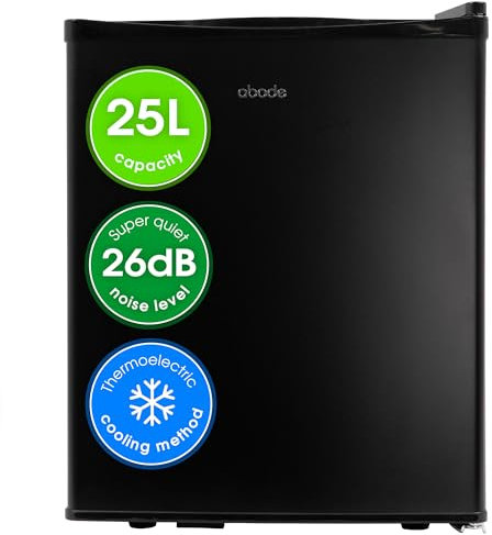 Abode Quiet Mini Cooler 25L Thermoelectric for Drinks with Adjustable Thermostat, Portable in Black, Compact For Bedroom, Home, Caravan with Reversible Door A25THBC102B