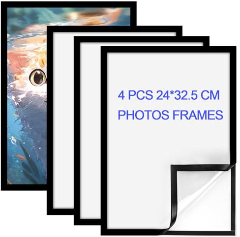 Lot de 4 cadres magnétiques A3, cadre autocollant avec fermeture magnétique, pochette d'information porte-feuilles pour cadres d'information format A3 32,5x41,5 cm avec bord noir