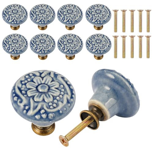 10 Stück Runde Schrankknöpfe für Keramik, Möbelknopf 34 mm, Schubladenknöpfe mit Schrauben, Erhöhte Basisausführung, Möbelknöpfe Vintage für Schubladen, Schuhschränke, Küchenschrank, Nachttisch