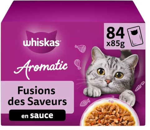 WHISKAS Aromatic Selection Multipack katt våt mat 1+, 84 x 85 g – 4 smaker: gris, kyckling, lax, havsfisk i sås