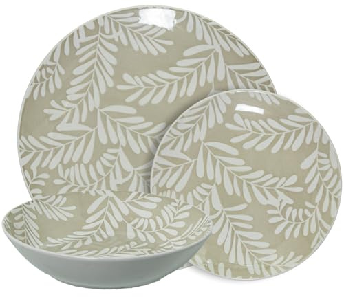 Vajilla de 18 piezas de porcelana en beige y hojas en blanco 26x6x26 cm