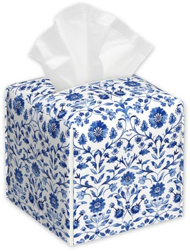 Blue Flowers Tissue Box Holder,Cube Tissue Box Cover Holder,Leather Facial Paper Organizer Dispenser Home for Bedroom Night Stands,Kitchen,Office and Car,5.2×5.2×5.2
