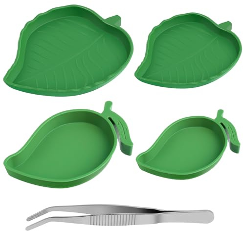4 Pcs Tortoise Water Bowl, 2 Sizes Reptile Water Dish, Leaf and Mango Shapes Lizard Water Feeder, Turtle Feeding Dish with Tweezers, Reptile Food Water Bowl for Turtle Small Snake Lizard