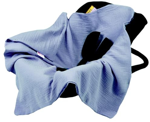 Babylux Einschlagdecke für Babyschale Autositz 80x80 cm – Sommer Babydecke aus Musselin Baumwolle – Atmungsaktiv, mit Gurtschlitzen (Jeans)