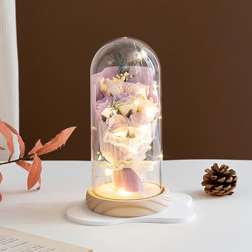 HEINexoria Birthday Gifts for Women - 7 Eternal Roses in Glass Dome with LED Lights | Luxury Artificial Flower Gift for Wife, Mum, Valentine's Day, Anniversary, Wedding, Home Decor, Real Wood Base