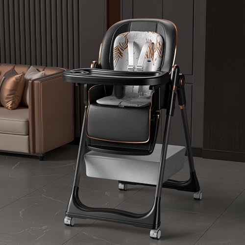 SmartEdge Baby High Chair with Wheels, 3-in-1 Foldable High Chairs for Babies and Toddlers with Soft Cushion, 5 Height & 3 Recline & 4 Dining Tray, Footrest Adjustable, 5 Point Harness, Black