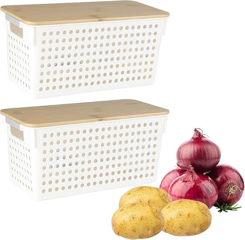 Gzsekken Potato Storage 2 Pack Vegetable Storage Bin Plastic Potato and Onion Storage Basket with Wooden Lid Large Capacity Fruit Produce Vegetable Pantry Organizers and Kitchen Storage Containers