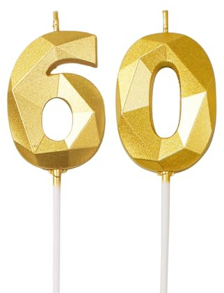 60th Birthday Candles, Gold Number 60 Candle, Cake Topper Decorations for Birthday Party, Wedding, and Anniversary Celebration Supplies