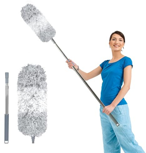 2026 Upgraded Extendable Feather Duster with Soft Silicone Cap, Telescopic Long Handled Microfiber Dusters for Cleaning, Cobweb High Ceiling Fan Roof Blinds Cars, Washable & Bendable (Gray White)