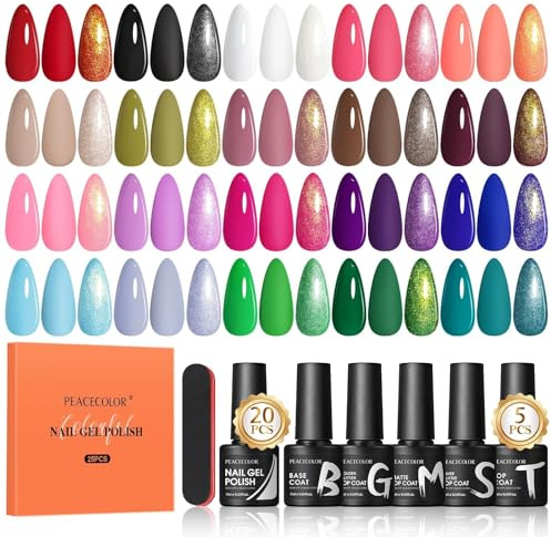 PEACECOLOR 25pcs Pintauñas Semipermanentes, 20 Colores Rojo Blanco Negro Esmaltes Semipermanentes para Uñas con Base Top Coat, Kit Uñas Semipermanentes Esmalte para Manicura