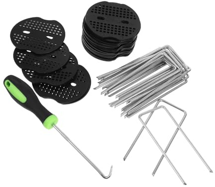 TOYZFRIENDY Grapas Forma De u para Jardín, Clavos De Césped Galvanizados 4x10 Cm, Kit 41 Piezas con Gancho y Arandelas, Estacas para Fijar Lonas y Barreras De Tela Exteriores