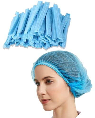 HUVZOR 100 Stück Einweg-Haarnetz, Vliesstoff, elastische Kopfbedeckung im Beret-Stil mit Kapuze, Einweg-Spinnvliskappe, bequem und atmungsaktiv, blau