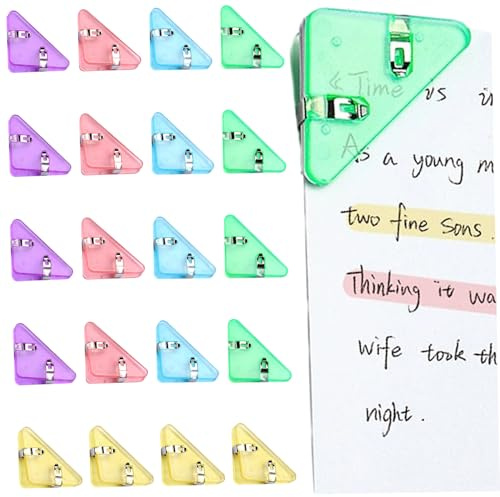 Lot de 20 trombones en plastique, trombones d'angle triangulaires translucides pour contenir 50 feuilles, support de page livre pour empêcher les livres s'enrouler pour les étudiants, les ensei