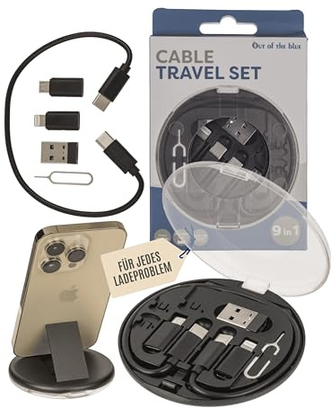Out of the blue 6-in-1 Kabel Travel Set – USB-C Ladekabel mit Lightning Micro-USB & USB-A Adapter – kompaktes Lade- & Organizer-Case mit Handyhalterung für Reisen & Alltag