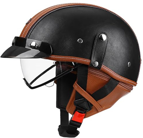 Öppen Motorcykelhjälm, Vintage Läderjethjälm, Retro Vintage Scooterhjälm, ECE-Certifierad, Bowls För Män Och Kvinnor, Vuxna För Scooter, Cykel, Cruiser 7,M(57~58cm)