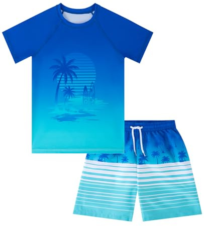 Boys Swim Sets Kids Short Sleeve Bathing Suit Blue Rash Guard for Boys Palm Tree Swim Trunks with Surfing Water Shirts Size 10
