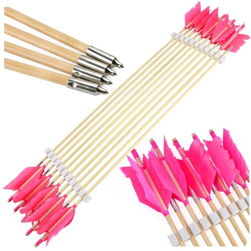 PYMUST 12 stycken flygflöde bågskytte-pilar – 10 cm långa naturfjädrar, traditionellt trä för recurve/långbågsjakt och målövningar (rosa)