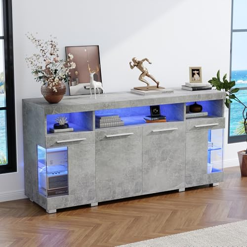 Gxffipw Sideboard Wohnzimmer Beistellschrank mit LED Licht und Offener Fach, Wohnzimmerschrank Buffetschrank mit Glastür, Highboard Vitrine mit Silberner Griff, Schrank Grau, 140x40x70 cm