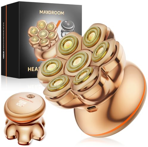 7D PRO Glatzen Rasierer Herren,MAXGROOM IPX6 Wasserdicht Kopfrasierer Glatze mit Magnetische Schwebender Kopf,1400mAh Akku Kopf Rasierer Herren,8800RPM Gold Head Shaver Men,Typ-c 0 mm Glatzenrasierer