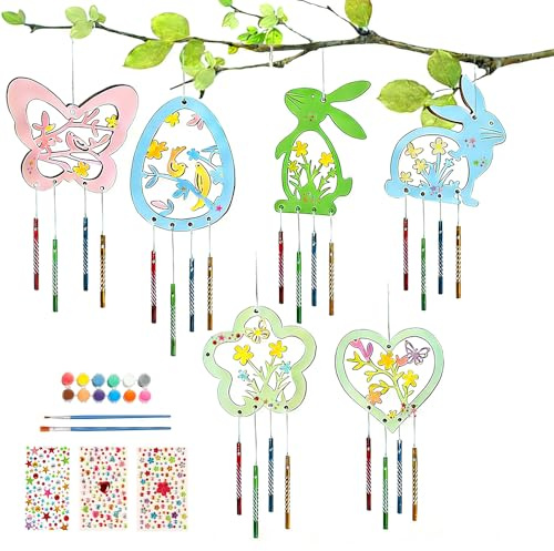 Yi'antai Osterdeko Frühling Windspiel Bastelset, Holz bastelset Ostern, Ostern Basteln Holz, Ostereier Blumen Schmetterlinge, Klangspiel Bastelhandwerk zum Bemalen Dekorieren (Set B)