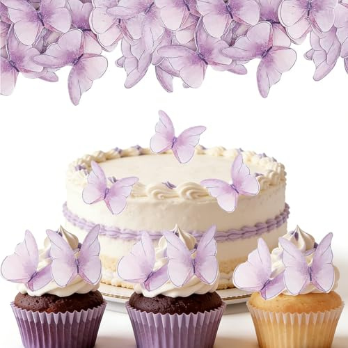 ALLAVA 48Pcs Edible Cake Decorations, Edible Butterfly Cupcake Toppers | Purple Butterfly Cake Toppers,Birthday Cake Decorations,Wafer Paper Butterflies for Cakes Wedding Baby Shower Birthday Party