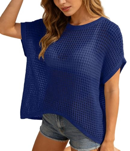 Jersey Mujer Ganchillo Top De Playa Calado Manga Corta Camisetas Hombros Descubiertos Tejido Transpirable Jerseys para Verano, Piscina Y Vacaciones, Estilo Casual Y Chic