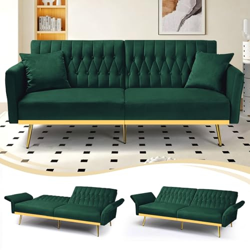 JoyHarb 178cm Velvet Loveseat w/Adjustable Backrests and Armrests, Green | Modern Two Seats Sofa Bed With Sturdy Golden Bar & Legs, Futon Sleeper Couch With 2 Pillows Suitable For Living room
