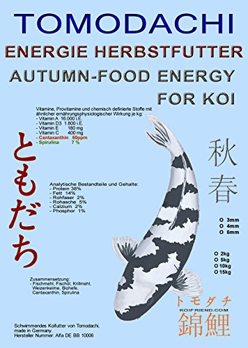 Herbstfutter für Koi, Energiefutter für Koi im Herbst, hochenergiereiches Spirulinafutter liefert den Koi Energiereserven für den Winter, gegen Energiemangelsyndrom. Tomodachi Herbstenergiefutter für Koi jeden Alters, Autumn Food Energy Premium Schwimmfutter für Koi, 2kg Gebinde. Bitte wählen Sie nachstehend die gewünschte Pelletgröße aus. (6mm Pellets)