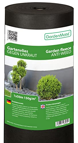 GardenMate 1 m x 50 m Rolle Vlies-Unkrautvlies – UV-stabilisierte Schwarze 150 g/m² Landschafts-Bodendecker-Membran