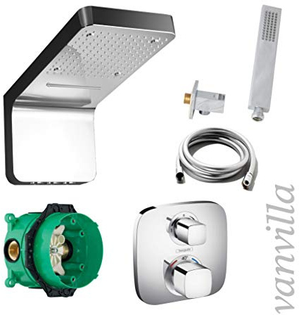 vanvilla Duschsystem Unterputz mit Duscharmatur Hansgrohe poliert HG31 | Duscharmatur von Hansgrohe Ecostat E Thermostat Armatur und vanvilla Regendusche eckig, Sprühnebel Schwall Dusch-SET poliert