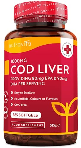 Olio di Fegato di Merluzzo Capsule 1000 mg - 365 Capsule Premium di Olio di Pesce - Omega 3 Alta Resistenza con Vitamine A, D, E e di Aglio - Supporta la Salute di Cuore e Cervello - Nutravita