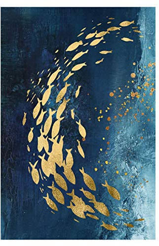 SXKJ Goldener Fisch Blaues Meer Abstrakte Poster und Drucke auf Leinwand Moderne nordische Wandkunst Bilder für Wohnzimmer Gang Dekor-60x80cm ohne Rahmen