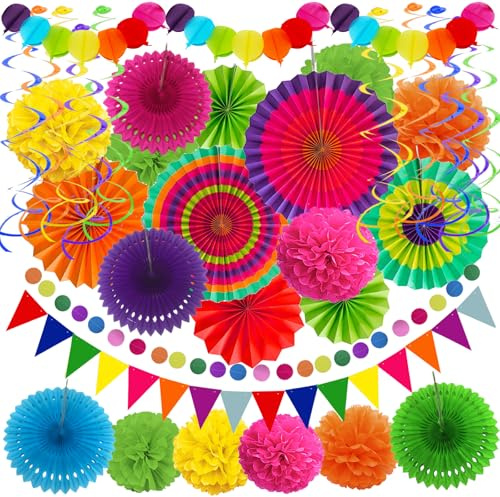 Recosis Fiesta Partydekorationen, Mehrfarbige Papierfächer Pompons Papierballongirlanden hängende Wirbel Dekorationen für Fiestageschenke Mexikanische Cinco De Mayo Taco Geburtstagspartyzubehör