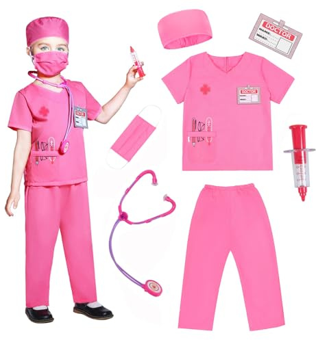 Wbesty Kinder Scrubs für Mädchen Kinder Arzt Kostüm 7pcs spielen Kits mit Kostüm und Zubehör für Halloween-Partys,Rosa 7-9Y