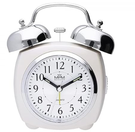 MPM Perlweiss Retro Wecker ohne Ticken, klassischer lauter Wecker für Tiefschläfer, Wecker analog mit metallischen Elementen, LED-Licht, Schlummerfunktion und Alarm, Ideal auch als Vintage Deko