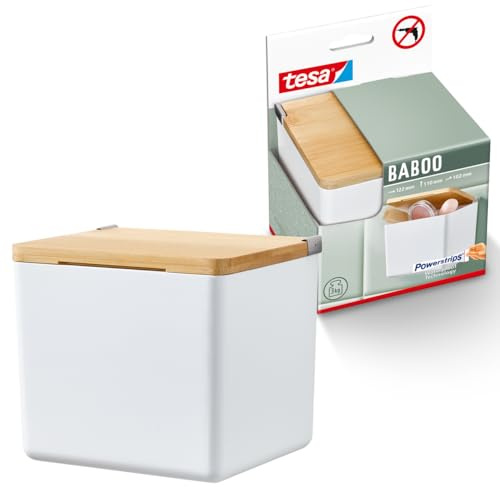 tesa Baboo Badorganizer S mit Bambus-Deckel, matt-weiß - Bad-Aufbewahrungsbox zur Wandmontage ohne Bohren, inkl Powerstrips Waterproof Strips XL - 122 mm x 110 mm x 102 mm